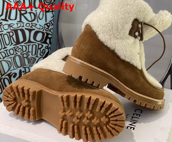Celine Margaret Lace Up Fur Boot in Suede Calfskin and Shearling Tan Replica