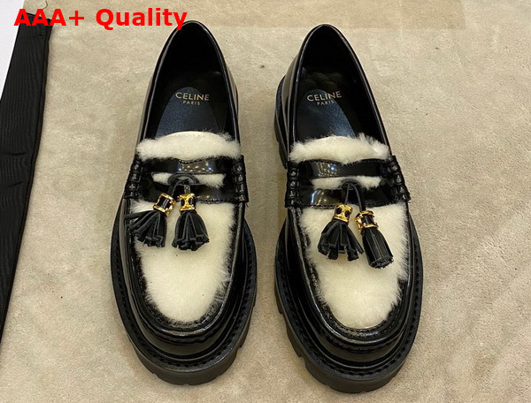 Celine Margaret Loafer with Tassels in Polished Bull and Shearling Black Natural Replica