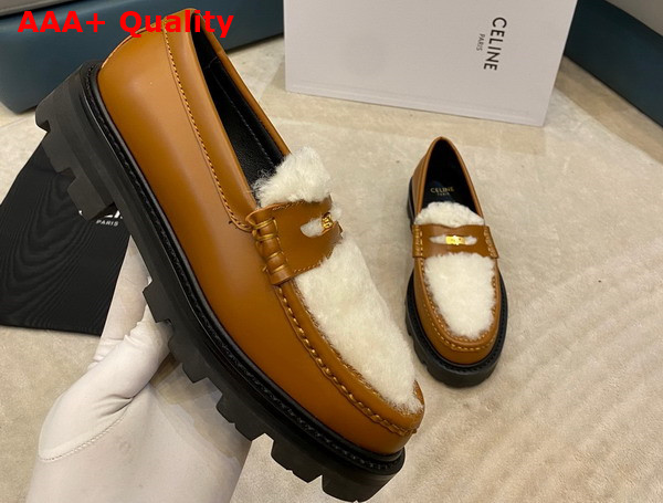 Celine Margaret Penny Chunky Loafer in Tan Polished Bull with Shearling Replica