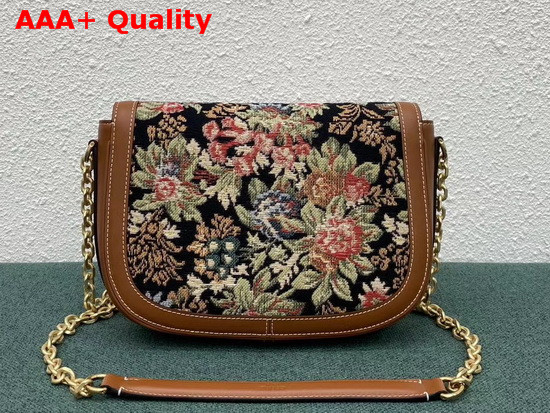 Celine Medium Chain Maillon Triomphe Bag in Floral Jacquard and Calfskin Black Tan Replica