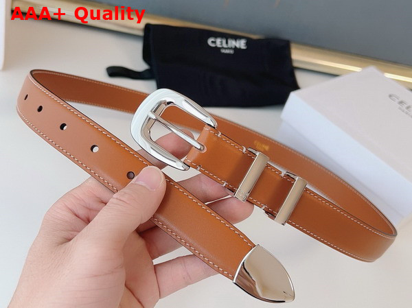 Celine Medium Western Belt in Tan Natural Calfskin with Silver Finishing Metal Replica