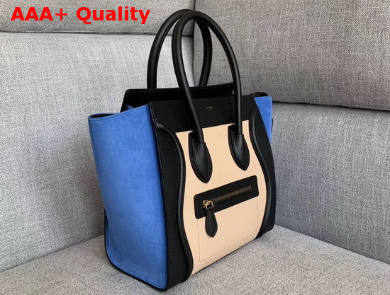 Celine Micro Luggage Handbag in Suede and Calfskin Blue Black and Beige Replica