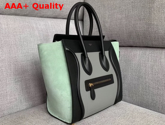 Celine Micro Luggage Handbag in Suede and Calfskin Mint Green Black and Grey Replica