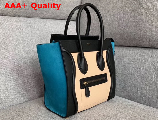 Celine Micro Luggage Handbag in Suede and Calfskin Peacock Blue Black and Beige Replica