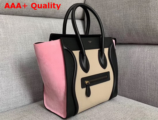 Celine Micro Luggage Handbag in Suede and Calfskin Pink Black and Beige Replica