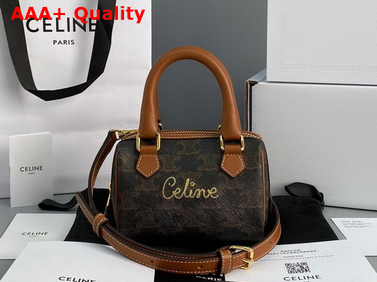 Celine Mini Boston Bag in Triomphe Canvas with Celine Cursive Tan Replica