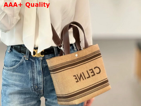 Celine Mini Cabas in Textile with Raffia Effect and Calfskin Natural Chestnut Replica