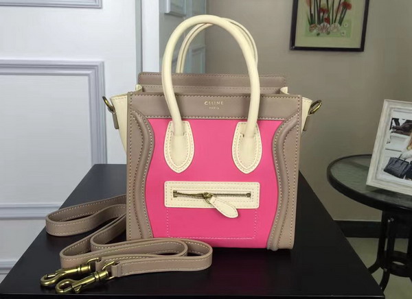 Celine Nano Luggage Handbag in Multicolour Natural Calfskin Pink Khaki Beige for Sale