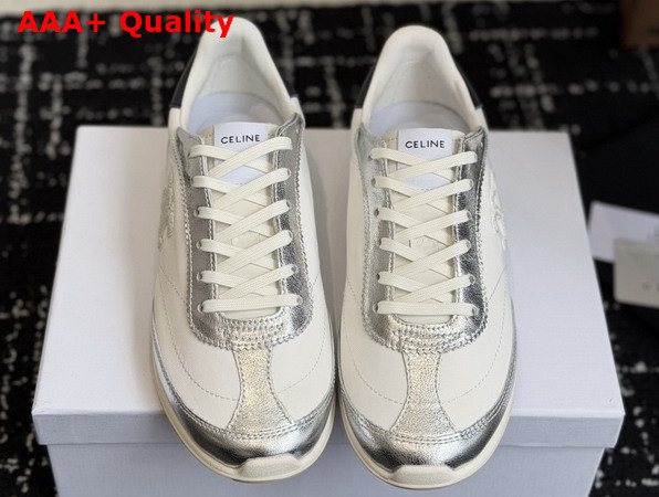 Celine Racer Low Top Sneaker with Triomphe in Nylon Laminated Calfskin and Calfskin Light Grey and Silver Replica