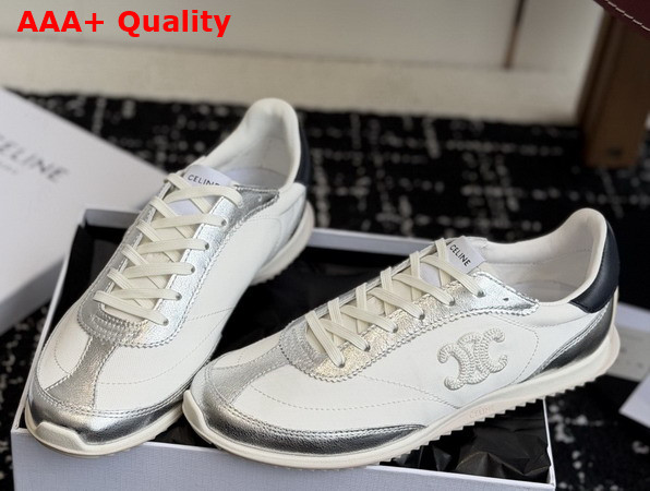 Celine Racer Low Top Sneaker with Triomphe in Nylon Laminated Calfskin and Calfskin Light Grey and Silver Replica