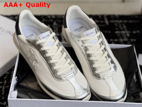 Celine Racer Low Top Sneaker with Triomphe in Nylon Laminated Calfskin and Calfskin Light Grey and Silver Replica