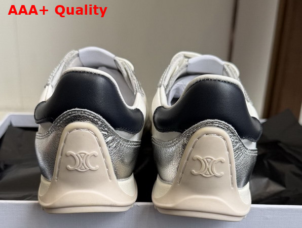 Celine Racer Low Top Sneaker with Triomphe in Nylon Laminated Calfskin and Calfskin Light Grey and Silver Replica