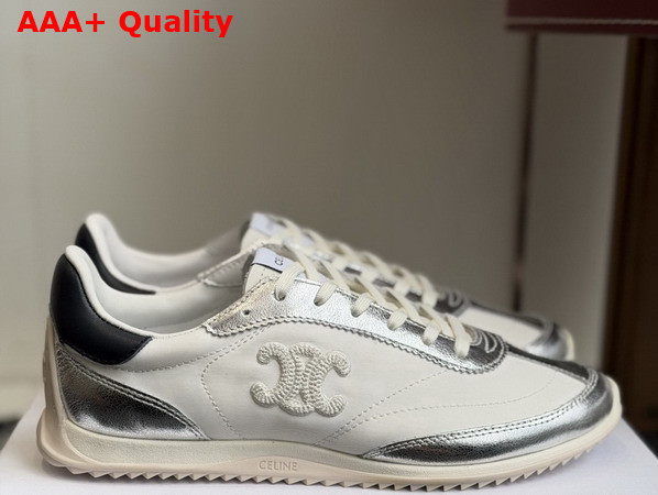 Celine Racer Low Top Sneaker with Triomphe in Nylon Laminated Calfskin and Calfskin Light Grey and Silver Replica