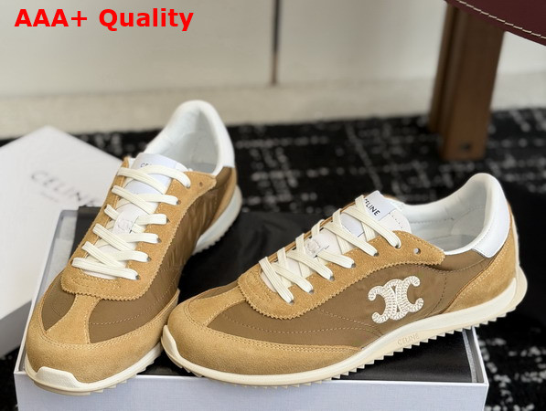 Celine Racer Sneaker in Nylon Suede Calfskin and Calfskin Dark Beige Replica