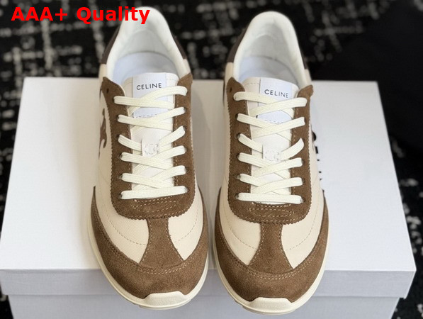 Celine Racer Sneaker in Nylon Suede Calfskin and Calfskin Optic White Brown Replica
