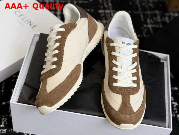 Celine Racer Sneaker in Nylon Suede Calfskin and Calfskin Optic White Brown Replica