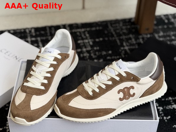 Celine Racer Sneaker in Nylon Suede Calfskin and Calfskin Optic White Brown Replica