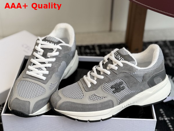 Celine Runner Sneaker in Calfskin Suede Calfskin and Mesh Grey and Ecru Replica