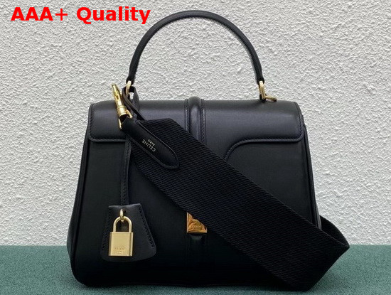 Celine Small 16 Bag in Black Satinated Calfskin with Long Strap in Textile and Calfskin Replica