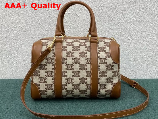 Celine Small Boston Bag in Textile with Triomphe Embroidery Brown Replica