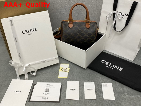 Celine Small Boston Cuir Triomphe in Triomphe Canvas and Calfskin Tan Replica