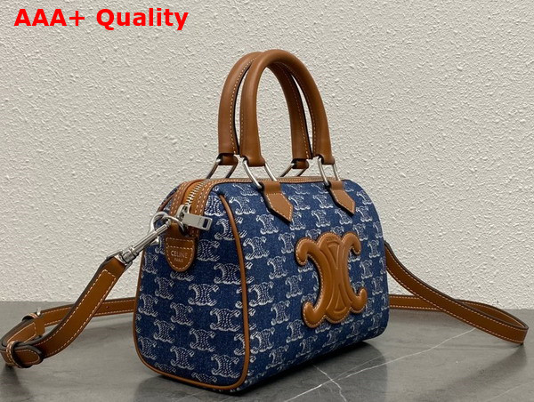 Celine Small Boston in Denim with Triomphe All Over and Calfskin Deine Silver Replica