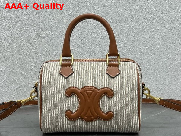 Celine Small Boston in Striped Textile and Calfskin Beige Replica