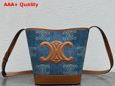 Celine Small Bucket Cuir Triomphe in Denim with Triomphe All Over Embroidery Navy and Tan Replica
