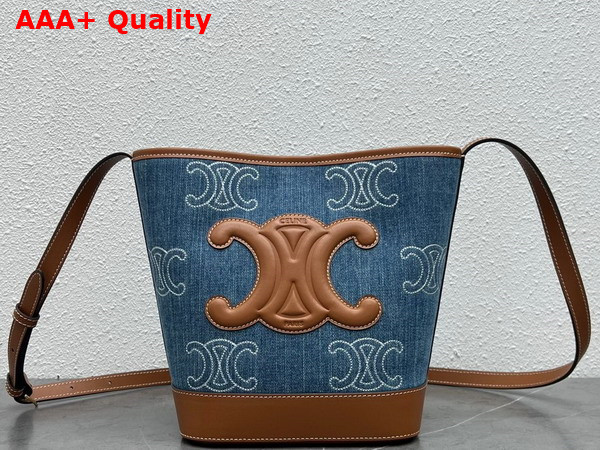 Celine Small Bucket Cuir Triomphe in Denim with Triomphe All Over Embroidery Navy and Tan Replica