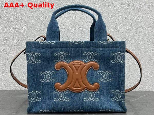 Celine Small Cabas Thais in Denim with Triomphe All Over Embroidery and Calfskin Navy and Tan Replica
