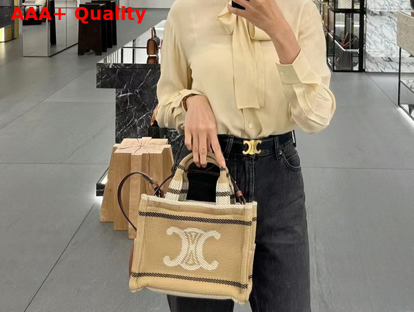Celine Small Cabas Thais in Striped Textile with Triomphe Beige and Black Replica