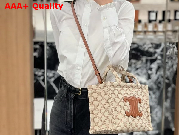 Celine Small Cabas Thais in Textile with Triomphe Canvas Print and Calfskin White Replica