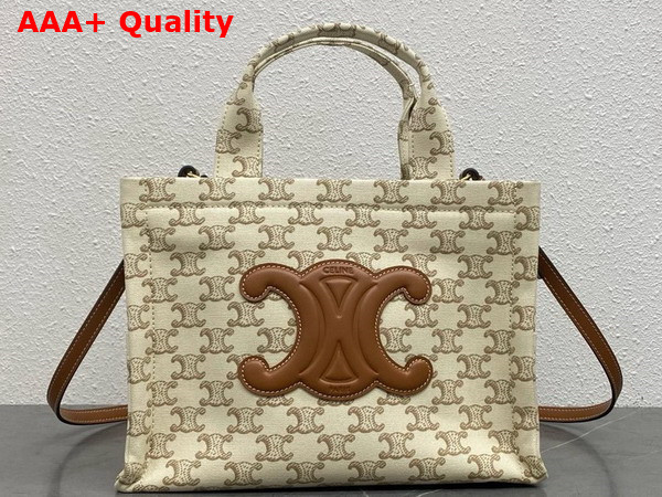 Celine Small Cabas Thais in Textile with Triomphe Canvas Print and Calfskin White Replica