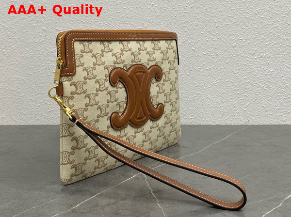 Celine Small Pouch with Strap in Textile with Triomphe Print and Calfskin White Replica