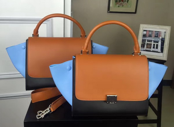 Celine Small Trapeze Handbag in Multicolour Smooth Calfskin Brown Black Light Blue for Sale