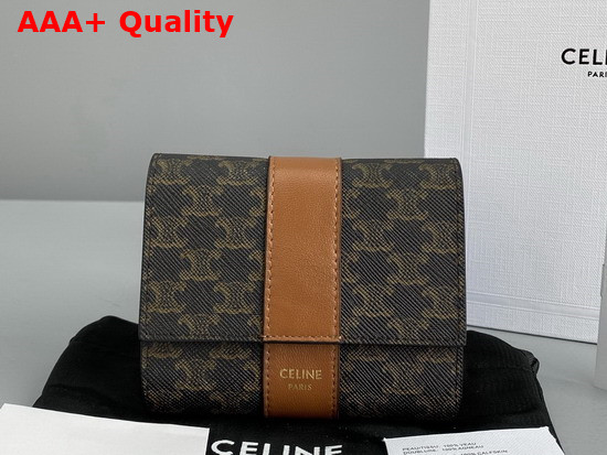 Celine Small Trifold Wallet in Triomphe Canvas and Lambskin Tan Replica