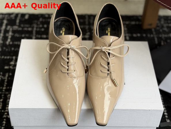Celine Soft Oxford Lace Up Heeled Ballerina in Beige Patent Calfskin Replica