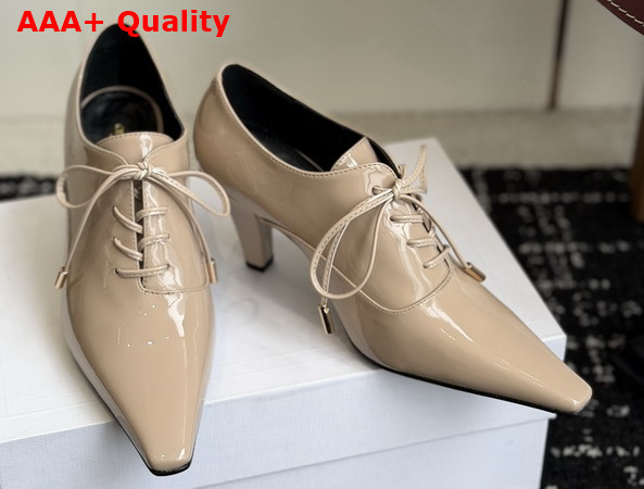 Celine Soft Oxford Lace Up Heeled Ballerina in Beige Patent Calfskin Replica
