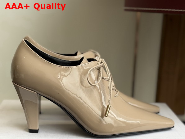 Celine Soft Oxford Lace Up Heeled Ballerina in Beige Patent Calfskin Replica