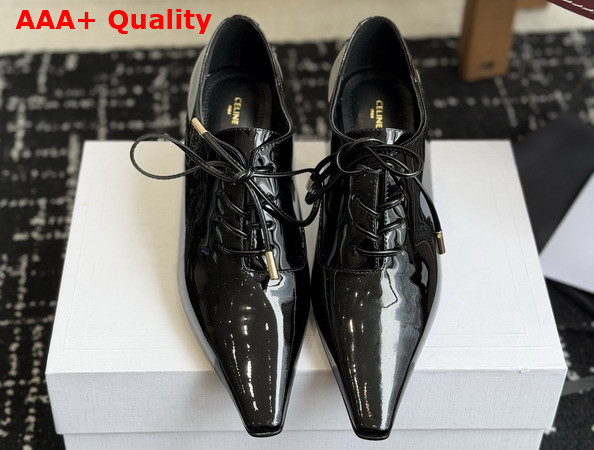 Celine Soft Oxford Lace Up Heeled Ballerina in Black Patent Calfskin Replica