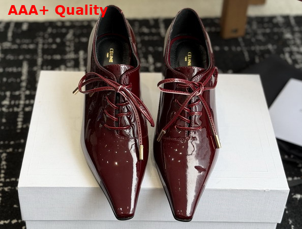 Celine Soft Oxford Lace Up Heeled Ballerina in Burgundy Patent Calfskin Replica