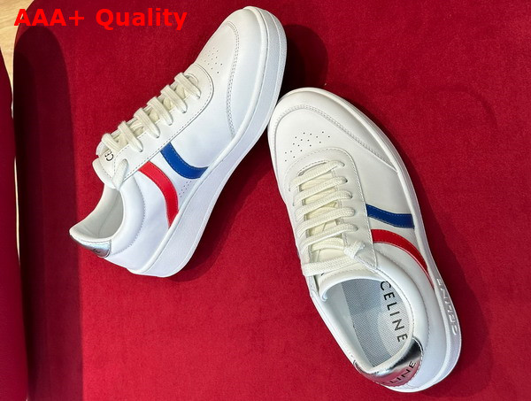 Celine Tennis Sneakers in Calfskin and Laminated Calfskin Optic White Blue Red Replica