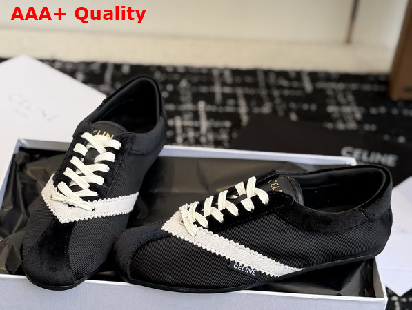 Celine The Flat Sneaker in Gros Grain Velvet Suede Calfskin and Lambskin Black and White Replica