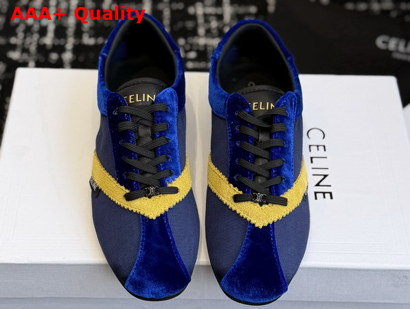 Celine The Flat Sneaker in Gros Grain Velvet Suede Calfskin and Lambskin Blue and Yellow Replica