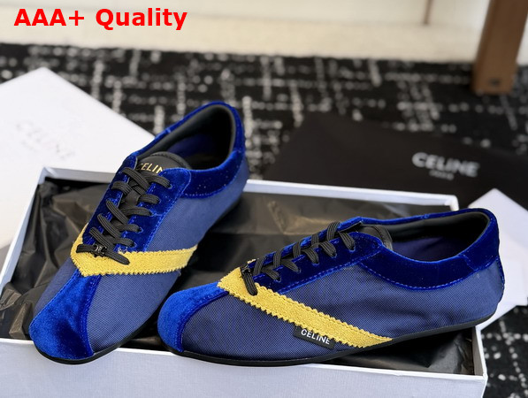 Celine The Flat Sneaker in Gros Grain Velvet Suede Calfskin and Lambskin Blue and Yellow Replica