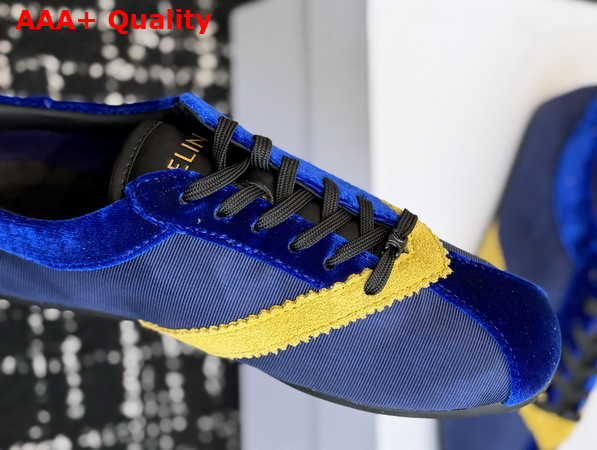 Celine The Flat Sneaker in Gros Grain Velvet Suede Calfskin and Lambskin Blue and Yellow Replica