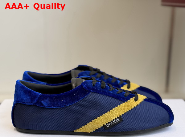 Celine The Flat Sneaker in Gros Grain Velvet Suede Calfskin and Lambskin Blue and Yellow Replica