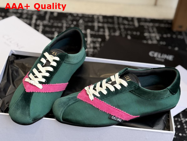 Celine The Flat Sneaker in Gros Grain Velvet Suede Calfskin and Lambskin Dark Green and Purple Replica