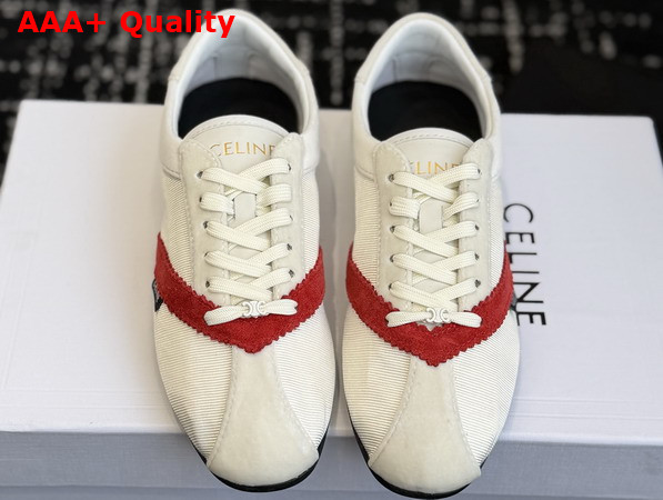 Celine The Flat Sneaker in Gros Grain Velvet Suede Calfskin and Lambskin White and Red Replica