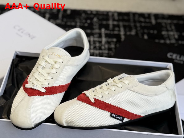 Celine The Flat Sneaker in Gros Grain Velvet Suede Calfskin and Lambskin White and Red Replica